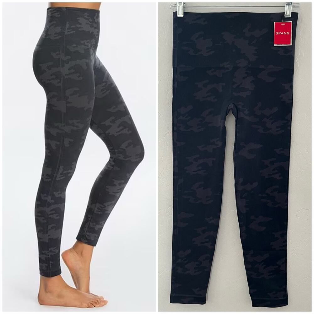 Spanx Look At Me Now Leggings Large in Black Camo Seamless Activewear Sporty NEW